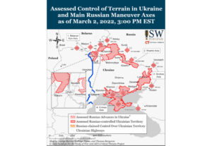 「ウクライナの2022年3月2日時点の最新情勢（青線は筆者追記の予想占領ライン）」Institute-for-the-Study-of-Warより