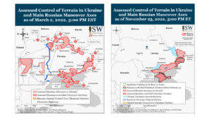 「ウクライナへの侵攻状況（左：2022年3月2日、右：2022年11月23日）」Institute-for-the-Study-of-Warより