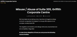 「Suite 305 Griffith Corporate Centreの住所を悪用した詐欺についての声明」Griffith Corporate CentreのHPより
